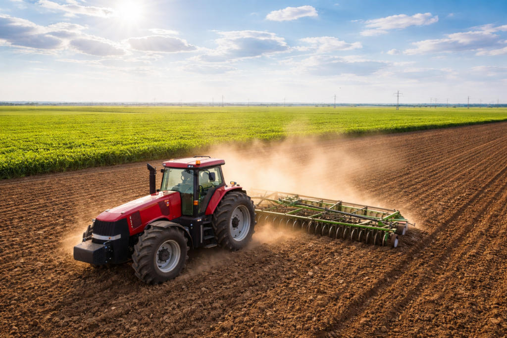 붉은 트랙터와 넓은 농지